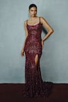 Buy_Dolly J_Red Tulle Sequins, Embroidery Scoop Neck Wine Celestia Embellished Gown _at_Aza_Fashions