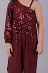 Lil Drama_Maroon Polyester Sequins, Bows Asymmetric One Shoulder Jumpsuit _Online_at_Aza_Fashions