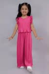 Buy_Lil Drama_Pink Polyester Pleated Ruffle Sleeve Top And Wide Leg Pant Set _at_Aza_Fashions