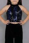 Shop_Lil Drama_Blue Velvet Sequins Halter Neck Top And Pant Set _Online_at_Aza_Fashions