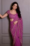 Shop_Rirasa_Magenta Georgette Sequins, Noorani Embroidered Pre-draped Saree With Blouse _at_Aza_Fashions