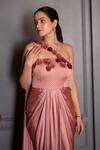 Rirasa_Rose Gold Satin Fabric Flowers One Shoulder Nazm 3d Hand Embroidered Saree Gown _Online_at_Aza_Fashions