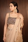 Shop_Ritika Verma_Beige Chinon, Chiffon Sequins, Safa Embellished Pre-draped Saree With Blouse _Online_at_Aza_Fashions