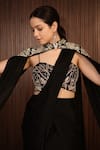 Buy_Rirasa_Black Chiffon Beads Sweetheart Nuha Pre-draped Saree Set With Embellished Cape _Online_at_Aza_Fashions