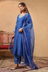 Buy_Anshu Wadhwa_Blue Chanderi, Organza Embroidery, Lace V-neck Kurta Set _Online_at_Aza_Fashions