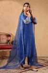 Shop_Anshu Wadhwa_Blue Chanderi, Organza Embroidery, Lace V-neck Kurta Set _Online_at_Aza_Fashions
