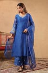 Buy_Anshu Wadhwa_Blue Chanderi, Organza Embroidery, Lace V-neck Kurta Set _at_Aza_Fashions