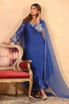 Anshu Wadhwa_Blue Chanderi, Organza Embroidery, Lace V-neck Kurta Set _at_Aza_Fashions