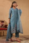 Buy_Anshu Wadhwa_Blue Chanderi, Organza Embroidery, Pearls, Lace V-neck Placement Kurta Set _at_Aza_Fashions