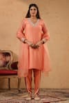 Buy_Anshu Wadhwa_Coral Chanderi, Organza Embroidery, Lace V-neck Neckline Kurta Set _at_Aza_Fashions