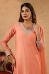 Anshu Wadhwa_Coral Chanderi, Organza Embroidery, Lace V-neck Neckline Kurta Set _at_Aza_Fashions