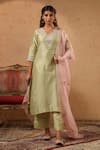 Anshu Wadhwa_Green Chanderi, Organza Embroidery, Patchwork V-neck Aari Kurta Set _at_Aza_Fashions