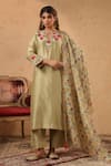Buy_Anshu Wadhwa_Green Chanderi, Organza Embroidery, Foil Printing, Tassels Resham Kurta Set _at_Aza_Fashions