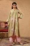 Buy_Anshu Wadhwa_Green Chanderi Embroidery, Lace Split V-neck Kurta And Palazzo Set _at_Aza_Fashions