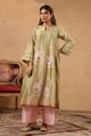 Anshu Wadhwa_Green Chanderi Embroidery, Lace Split V-neck Kurta And Palazzo Set _at_Aza_Fashions