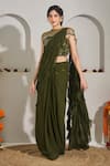 Rimple Agrawal_Green Georgette, Net Beads, Sequins, Embroidery Vishnupadi Draped Saree Cape Set _Online_at_Aza_Fashions