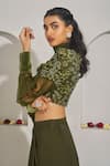 Buy_Rimple Agrawal_Green Organza, Georgette Embroidery, Fabric Flowers Blouse And Draped Skirt Set _Online_at_Aza_Fashions