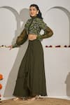 Shop_Rimple Agrawal_Green Organza, Georgette Embroidery, Fabric Flowers Blouse And Draped Skirt Set _Online_at_Aza_Fashions