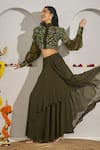 Buy_Rimple Agrawal_Green Organza, Georgette Embroidery, Fabric Flowers Blouse And Draped Skirt Set 