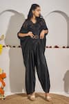 Rimple Agrawal_Black Silk Satin Beads V-neck Devnadi Cowl Jumpsuit With Belt _Online_at_Aza_Fashions