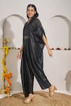 Buy_Rimple Agrawal_Black Silk Satin Beads V-neck Devnadi Cowl Jumpsuit With Belt _Online_at_Aza_Fashions
