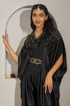 Shop_Rimple Agrawal_Black Silk Satin Beads V-neck Devnadi Cowl Jumpsuit With Belt _Online_at_Aza_Fashions