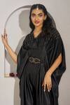 Rimple Agrawal_Black Silk Satin Beads V-neck Devnadi Cowl Jumpsuit With Belt _at_Aza_Fashions