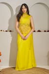 Buy_Rimple Agrawal_Yellow Silk, Linen Embroidery, Beads Shubhra Peplum Top And Pre-draped Saree Set _at_Aza_Fashions