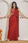 Buy_Rimple Agrawal_Red Georgette, Net, Velvet Embroidery, Mata Pre-draped Saree And Blouse Set _at_Aza_Fashions