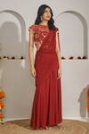 Rimple Agrawal_Red Georgette, Net, Velvet Embroidery, Mata Pre-draped Saree And Blouse Set _Online_at_Aza_Fashions