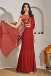 Shop_Rimple Agrawal_Red Georgette, Net, Velvet Embroidery, Mata Pre-draped Saree And Blouse Set _Online_at_Aza_Fashions