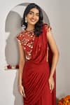 Rimple Agrawal_Red Georgette, Net, Velvet Embroidery, Mata Pre-draped Saree And Blouse Set _at_Aza_Fashions