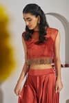 Buy_Rimple Agrawal_Red Satin Beads, Metallic Thread Round Neck Pavani Beadwork Cape Dhoti Pant Set _Online_at_Aza_Fashions