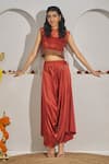 Buy_Rimple Agrawal_Red Satin Beads, Metallic Thread Round Neck Pavani Beadwork Cape Dhoti Pant Set _at_Aza_Fashions