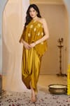 Buy_Rimple Agrawal_Mustard , Satin Sweetheart Tarakini Crochet Floral Cape And Skirt Set _at_Aza_Fashions