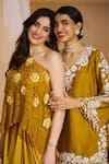 Rimple Agrawal_Mustard , Satin Sweetheart Tarakini Crochet Floral Cape And Skirt Set _Online_at_Aza_Fashions