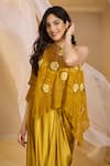 Buy_Rimple Agrawal_Mustard , Satin Sweetheart Tarakini Crochet Floral Cape And Skirt Set _Online_at_Aza_Fashions