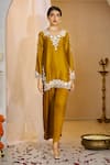 Buy_Rimple Agrawal_Yellow Satin Embroidery, Pearls Notched Neck, Jeevan Work Tunic With Pant _Online_at_Aza_Fashions