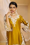 Rimple Agrawal_Yellow Satin Embroidery, Pearls Notched Neck, Jeevan Work Tunic With Pant _at_Aza_Fashions