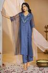Buy_Rimple Agrawal_Blue Satin, Organza Embroidery, Beads V-neck Mahabhaga Kaftan Set _at_Aza_Fashions