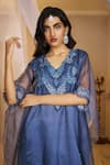 Shop_Rimple Agrawal_Blue Satin, Organza Embroidery, Beads V-neck Mahabhaga Kaftan Set _Online_at_Aza_Fashions