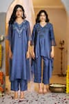 Rimple Agrawal_Blue Satin, Organza Embroidery, Beads V-neck Mahabhaga Kaftan Set _at_Aza_Fashions