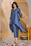 Buy_Rimple Agrawal_Blue Satin Beads, Embroidery V-neck Velvet Floral Beadwork Tunic And Pant Set _at_Aza_Fashions