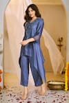 Rimple Agrawal_Blue Satin Beads, Embroidery V-neck Velvet Floral Beadwork Tunic And Pant Set _Online_at_Aza_Fashions