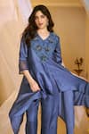 Rimple Agrawal_Blue Satin Beads, Embroidery V-neck Velvet Floral Beadwork Tunic And Pant Set _at_Aza_Fashions