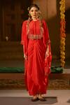 Prahnaaya_Red Vegan Silk, Crepe Applique, Pearls Round Ramani Nexa Top And Wrap Skirt Set _Online_at_Aza_Fashions