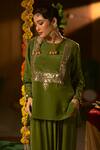 Prahnaaya_Green Vegan Silk, Crepe Applique, Pearls Round Sunira Tunic And Dhoti Skirt Set _Online_at_Aza_Fashions
