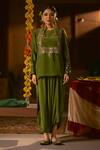 Buy_Prahnaaya_Green Vegan Silk, Crepe Applique, Pearls Round Sunira Tunic And Dhoti Skirt Set 
