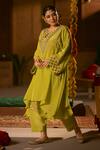 Prahnaaya_Green Vegan Silk, Crepe Applique, Pearls Veere Asymmetric Kurta With Salwar _Online_at_Aza_Fashions