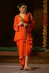 Buy_Prahnaaya_Orange Vegan Silk, Crepe Applique, Mangala Jacket Tunic With Pleated Skirt _Online_at_Aza_Fashions